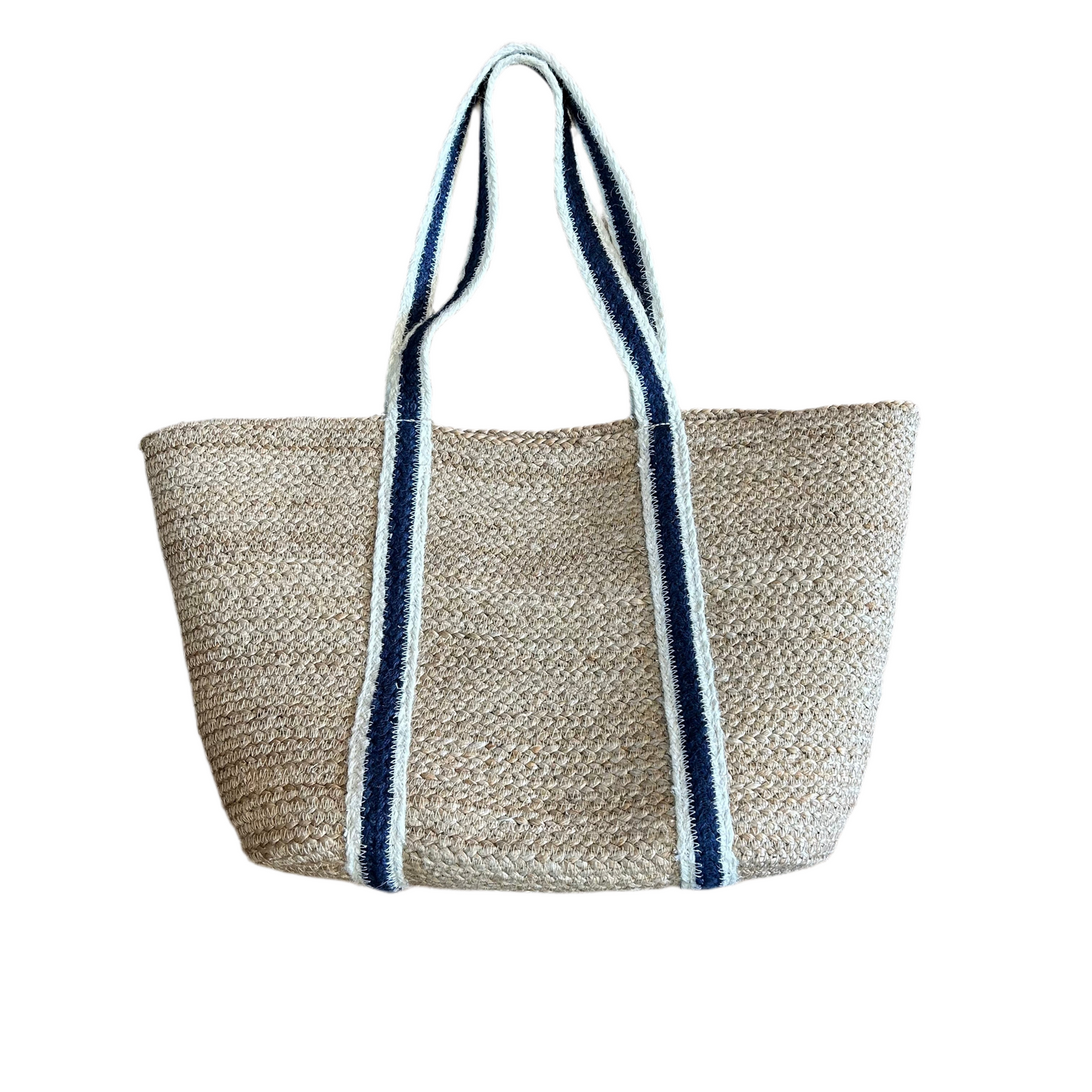 Summer navy stripe long handle raw jute tote