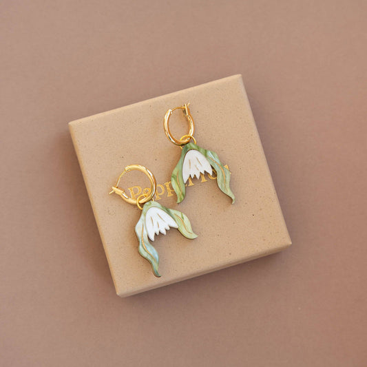 Snowdrop Flower Hoop Earrings in Pearly White