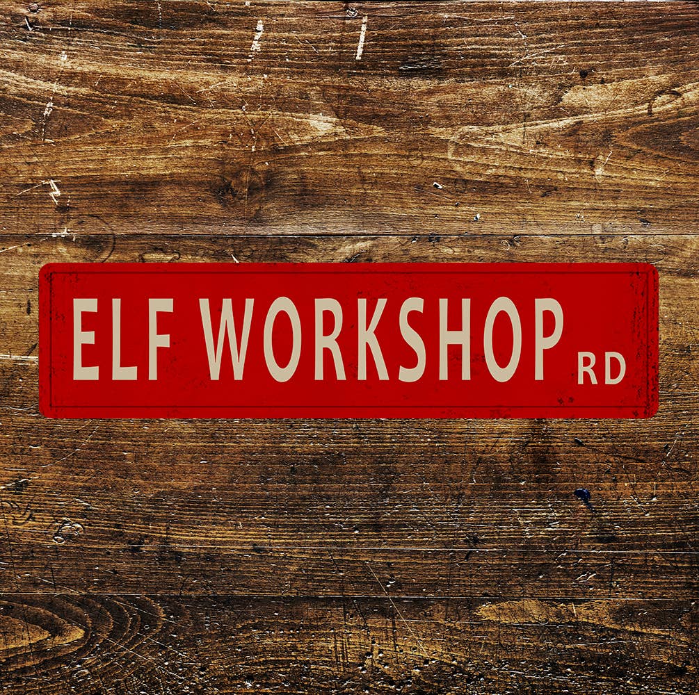 Elf Workshop Road Street Winter Christmas Metal Sign Plaque