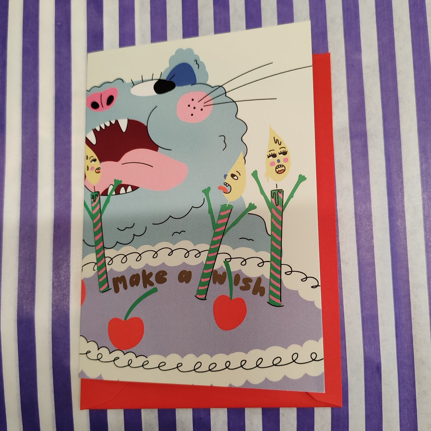Make a wish cat blowing out candles greeting card