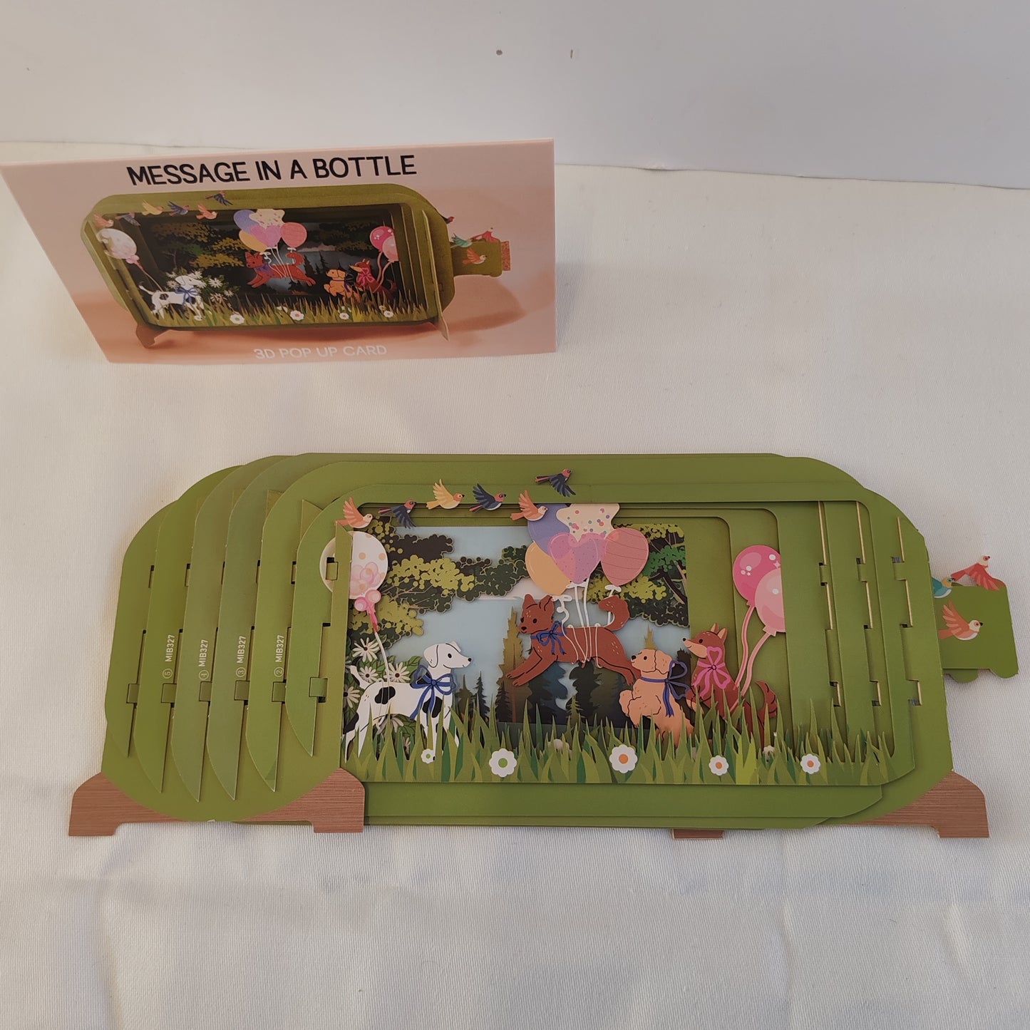 Message in a bottle 3d pop up greeting card. Dogs, balloons theme.