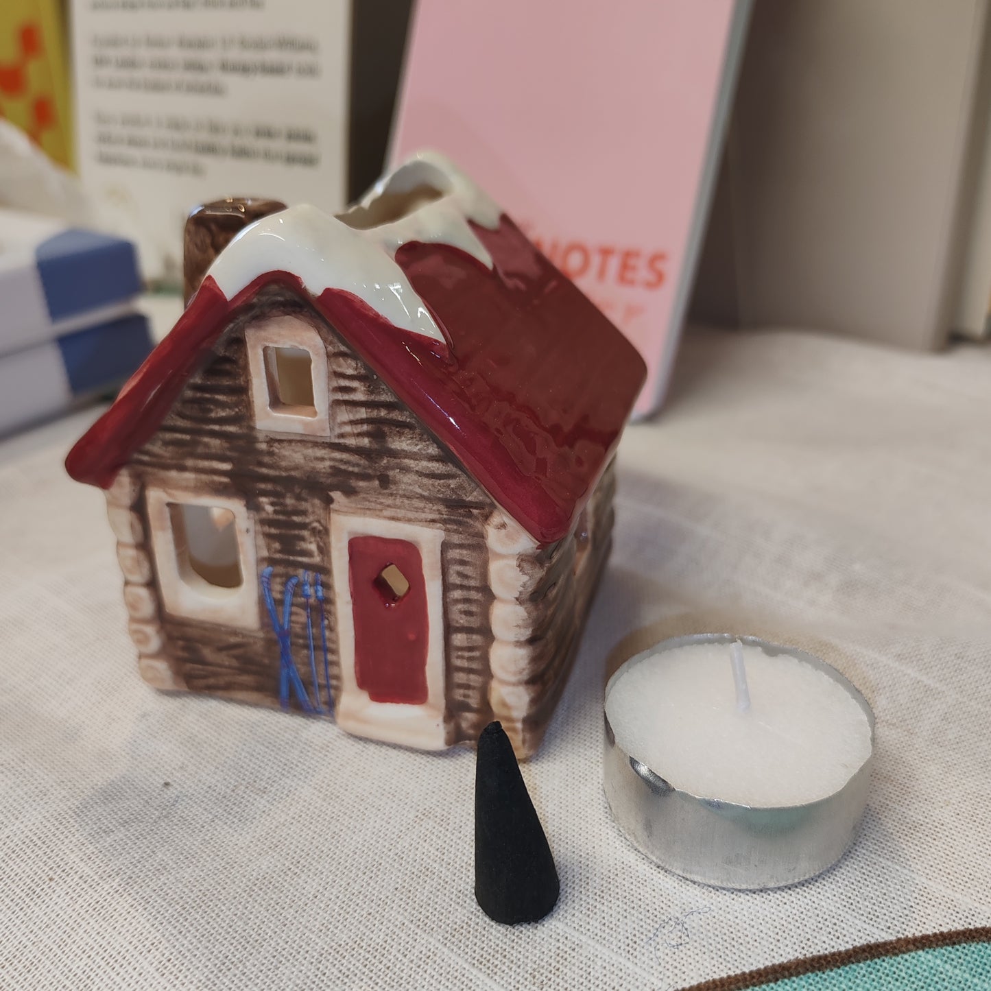Alpine chalet style incense and tea light holder ceramic