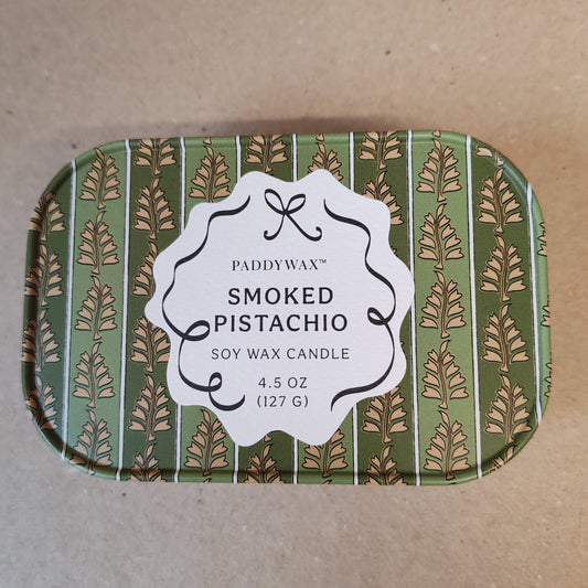 Candle in printed Tin. Scent of Smoked Pistachio