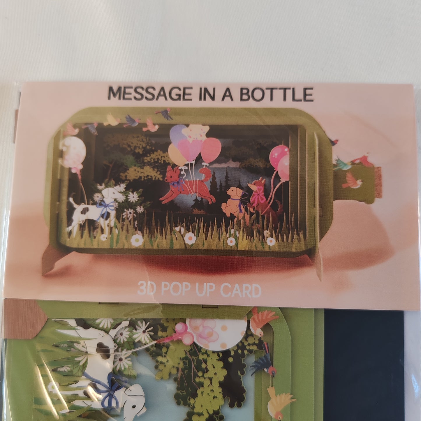 Message in a bottle 3d pop up greeting card. Dogs, balloons theme.