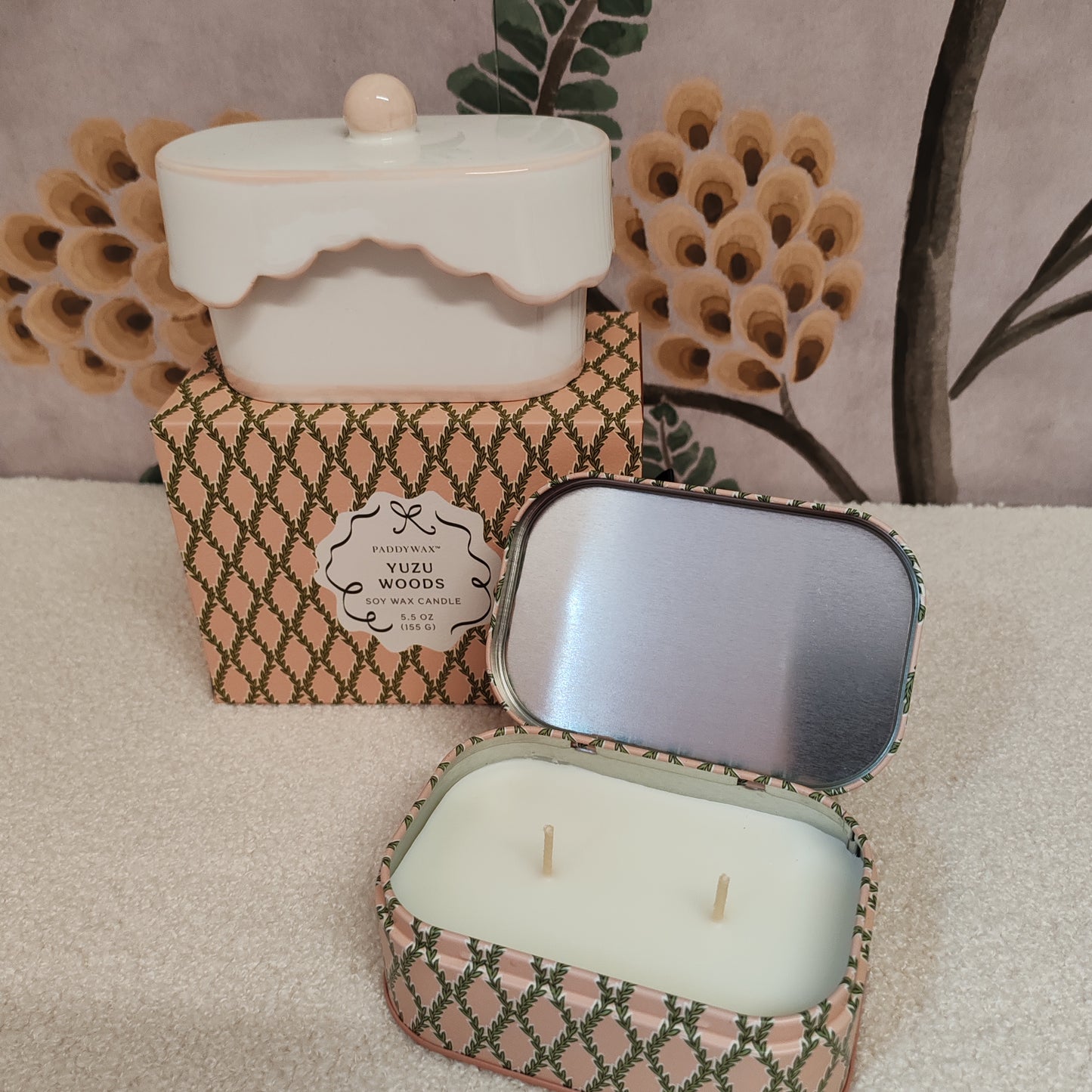 Scented candle in porcelain dish. Yuzu woods scent