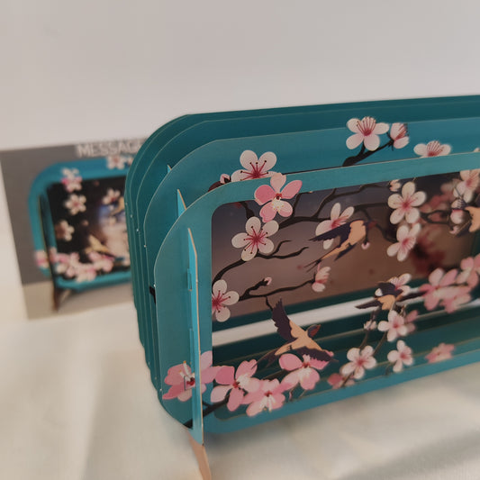 Message in a bottle 3d pop up greeting card. Cherry blossom theme.