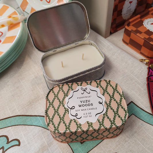 Scented 4.5oz scented candle in printed blue and white tin. Scent of lavender and thyme.