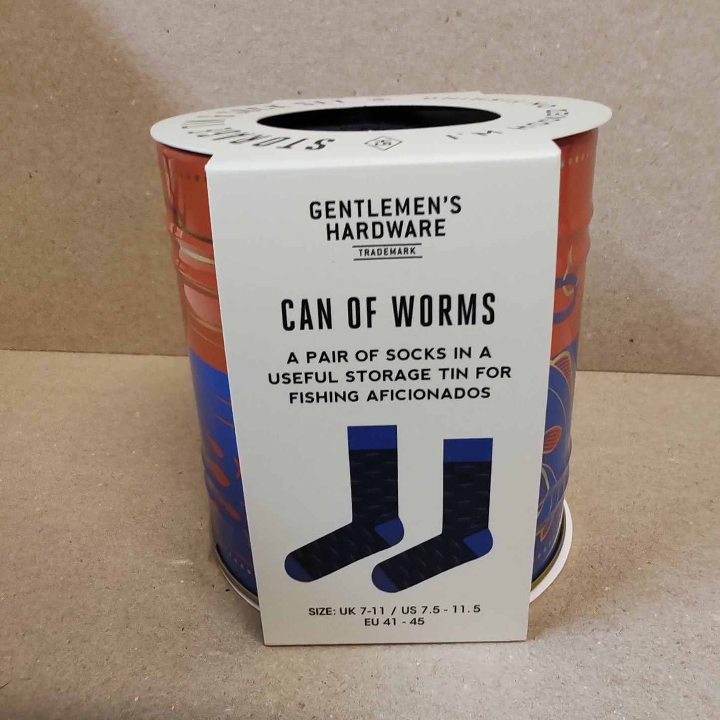 Fishing theme socks in a usable tin container.
