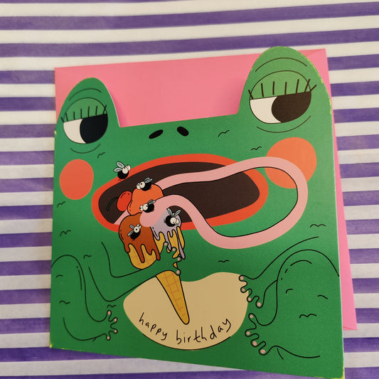 Frog eating fly ice-cream birthday greeting card