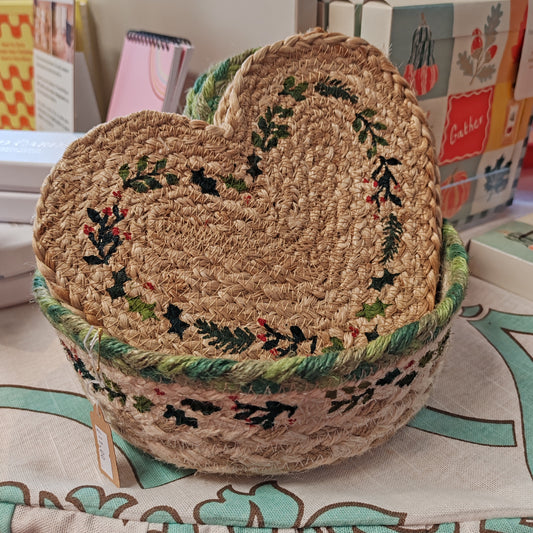 Natural jute heart Christmas coaster. 20cm x 15cm