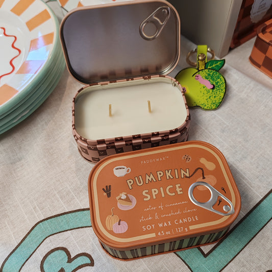 Bistro tin scented candle. Pumpkin spice scent