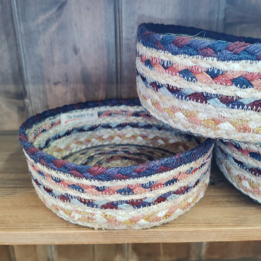 Jute basket mini 20cm x 8cm Fairisle rustic colours