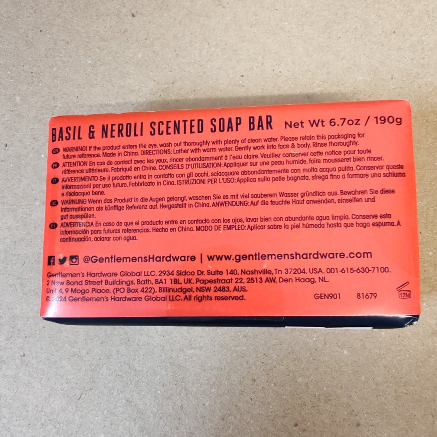 Soap bar scent of basil and neroli. Car theme packaging