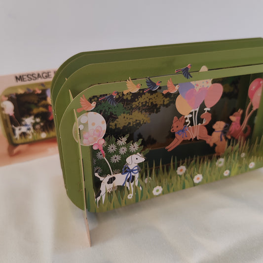 Message in a bottle 3d pop up greeting card. Dogs, balloons theme.