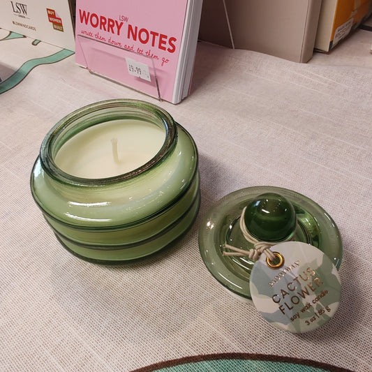 Beam glass soy candle with lid. Scent of cactus flower and aloe.