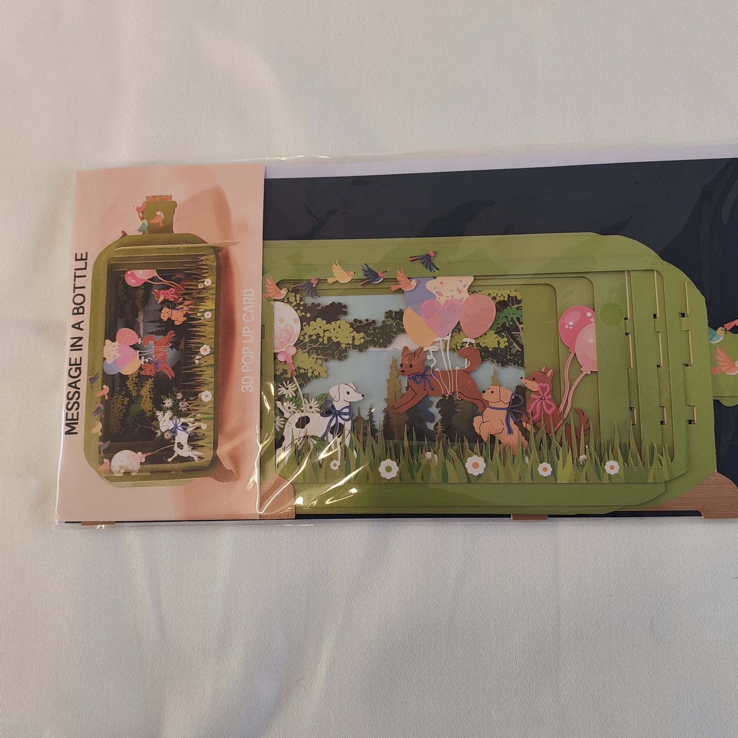 Message in a bottle 3d pop up greeting card. Dogs, balloons theme.