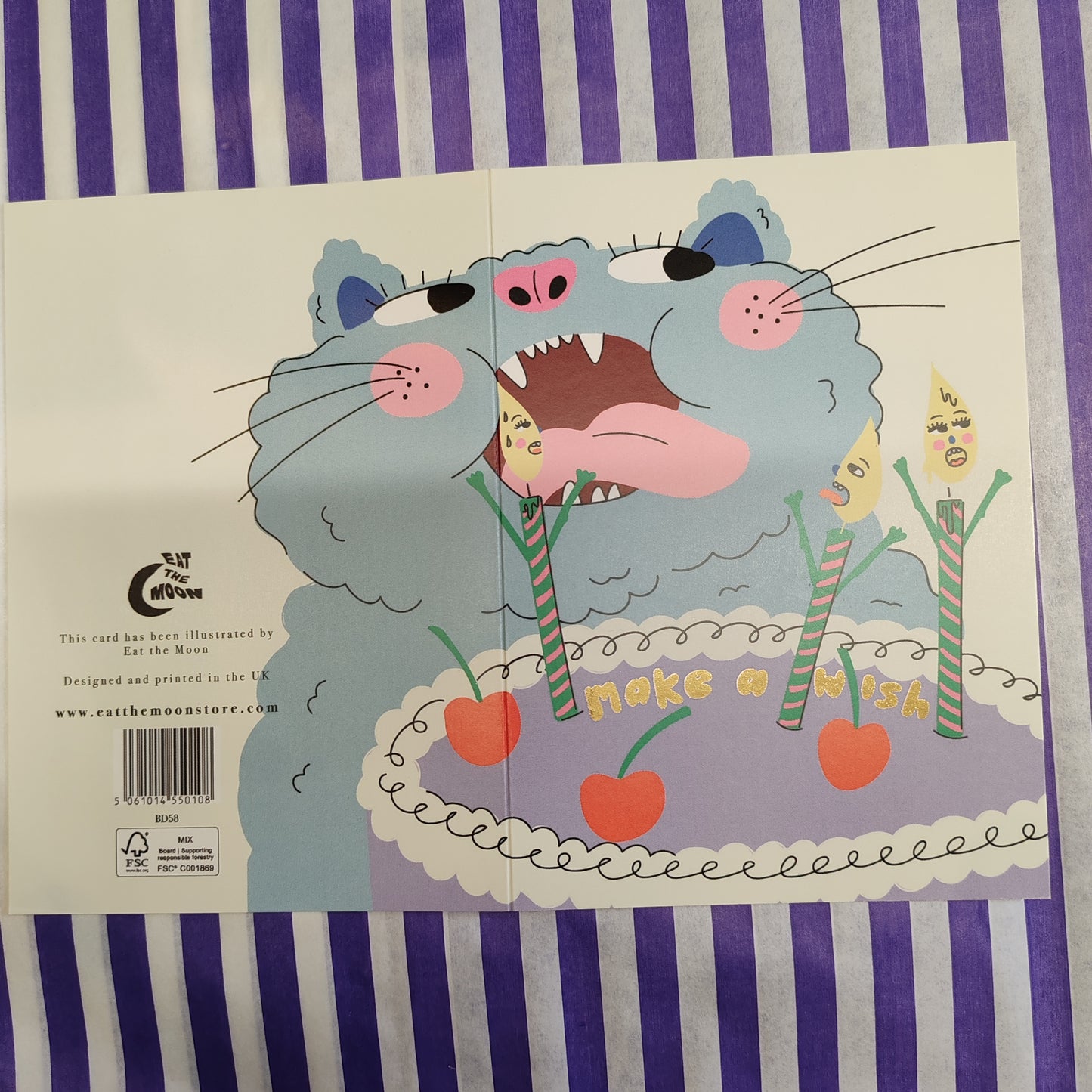 Make a wish cat blowing out candles greeting card