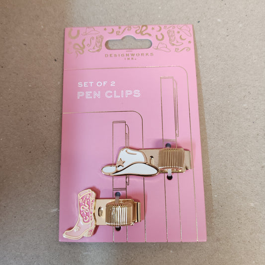 Cowboy hat and boot pen clips.