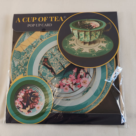Cup of tea pop up greeting card. Cherry blossom theme.