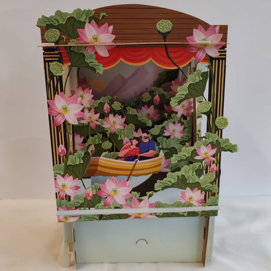 Paper theatre pop up greeting card. Romantic rowing theme