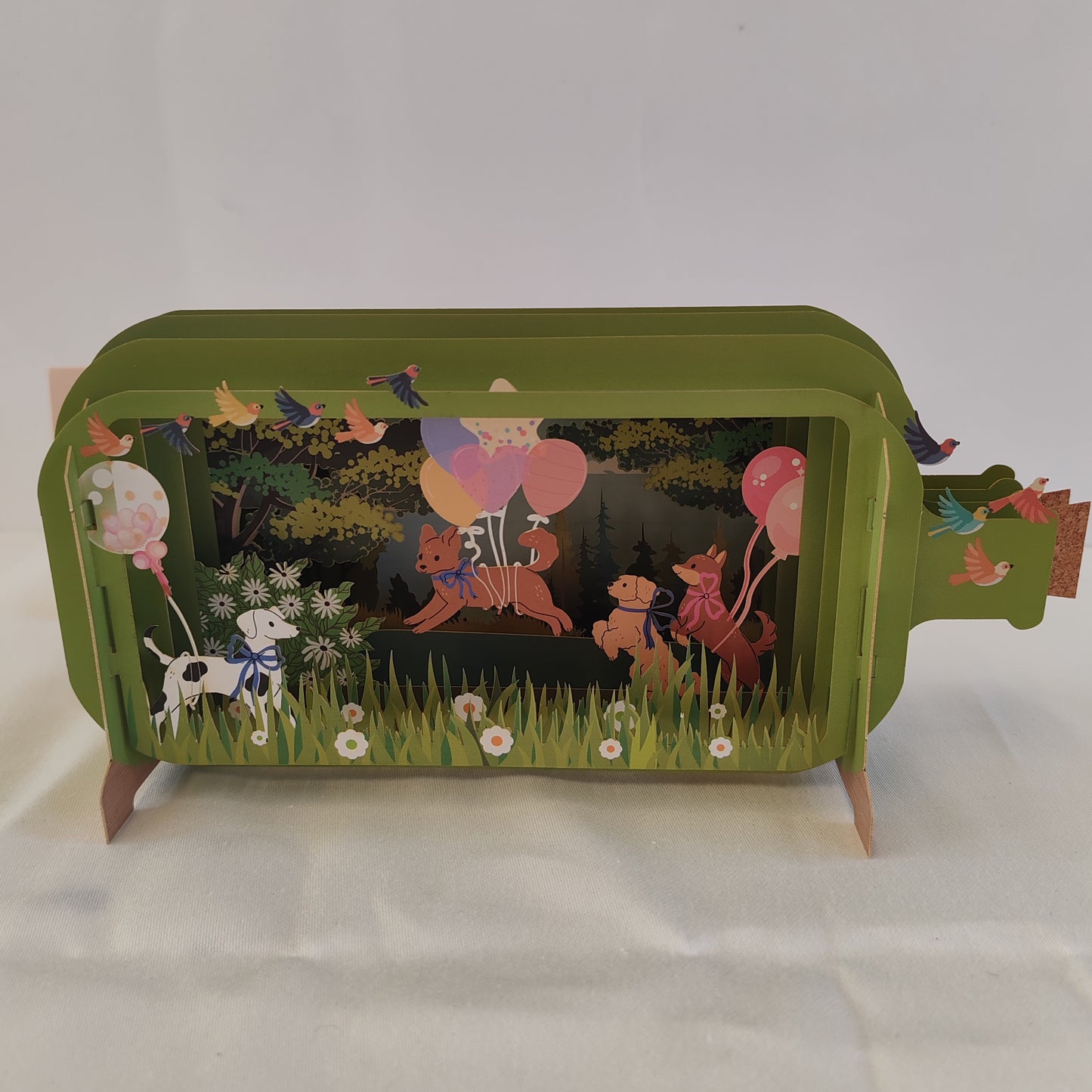 Message in a bottle 3d pop up greeting card. Dogs, balloons theme.