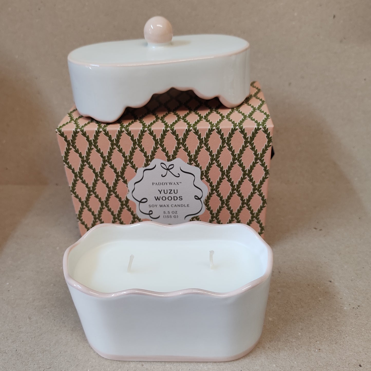 Scented candle in porcelain dish. Yuzu woods scent