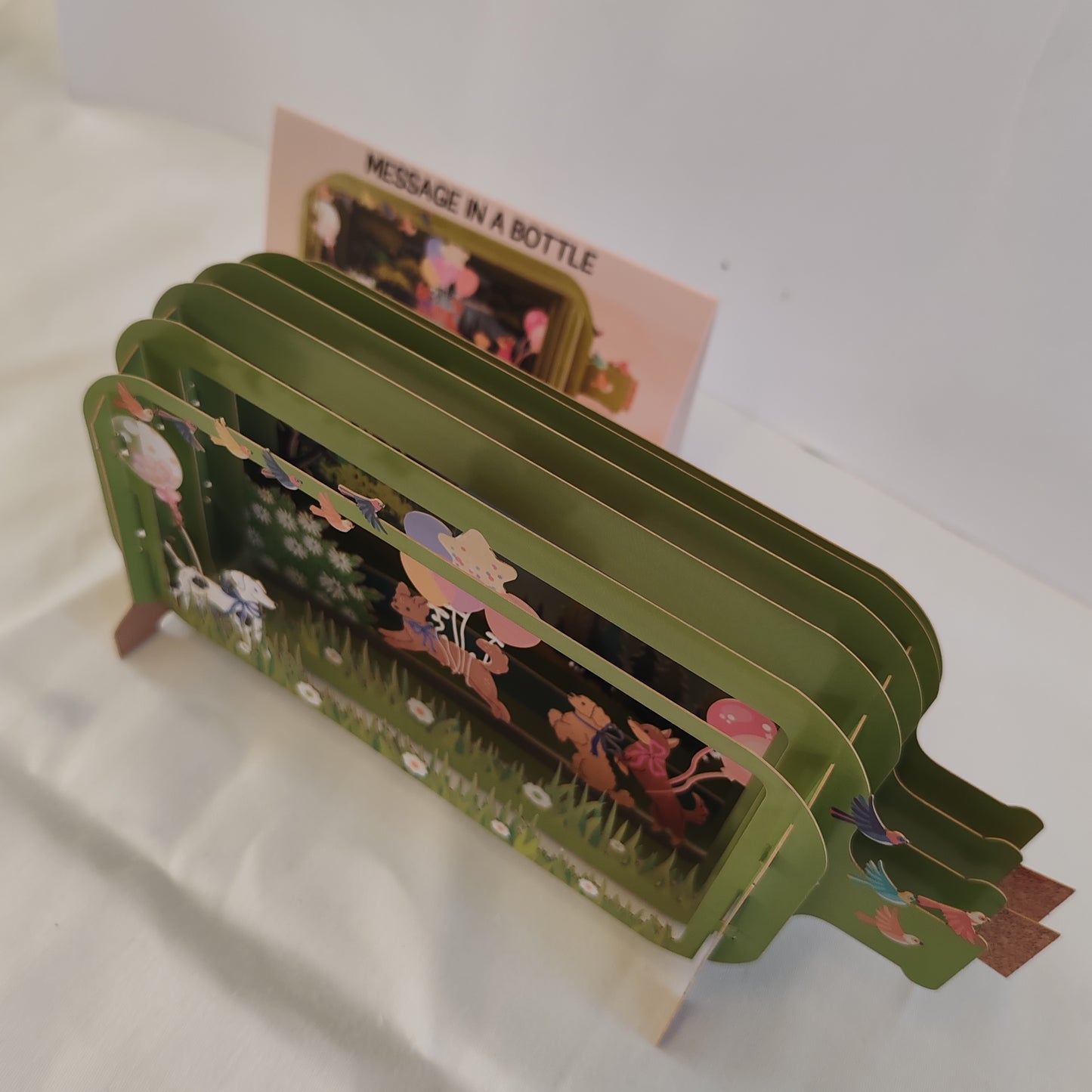 Message in a bottle 3d pop up greeting card. Dogs, balloons theme.