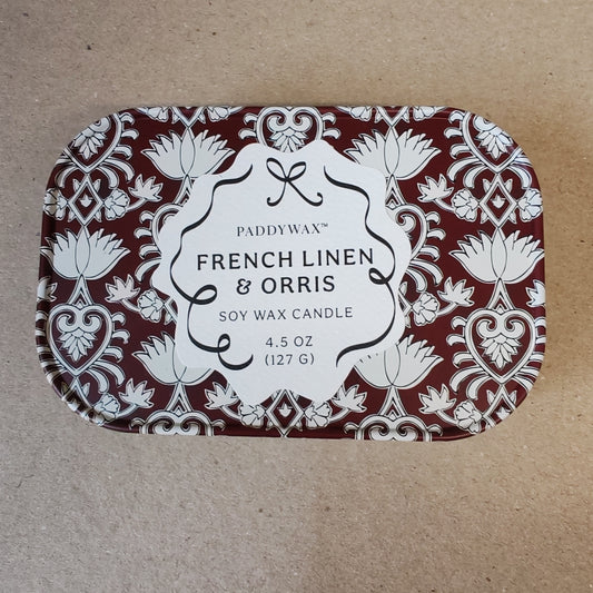 Candle in printed tin. French linen and Orris