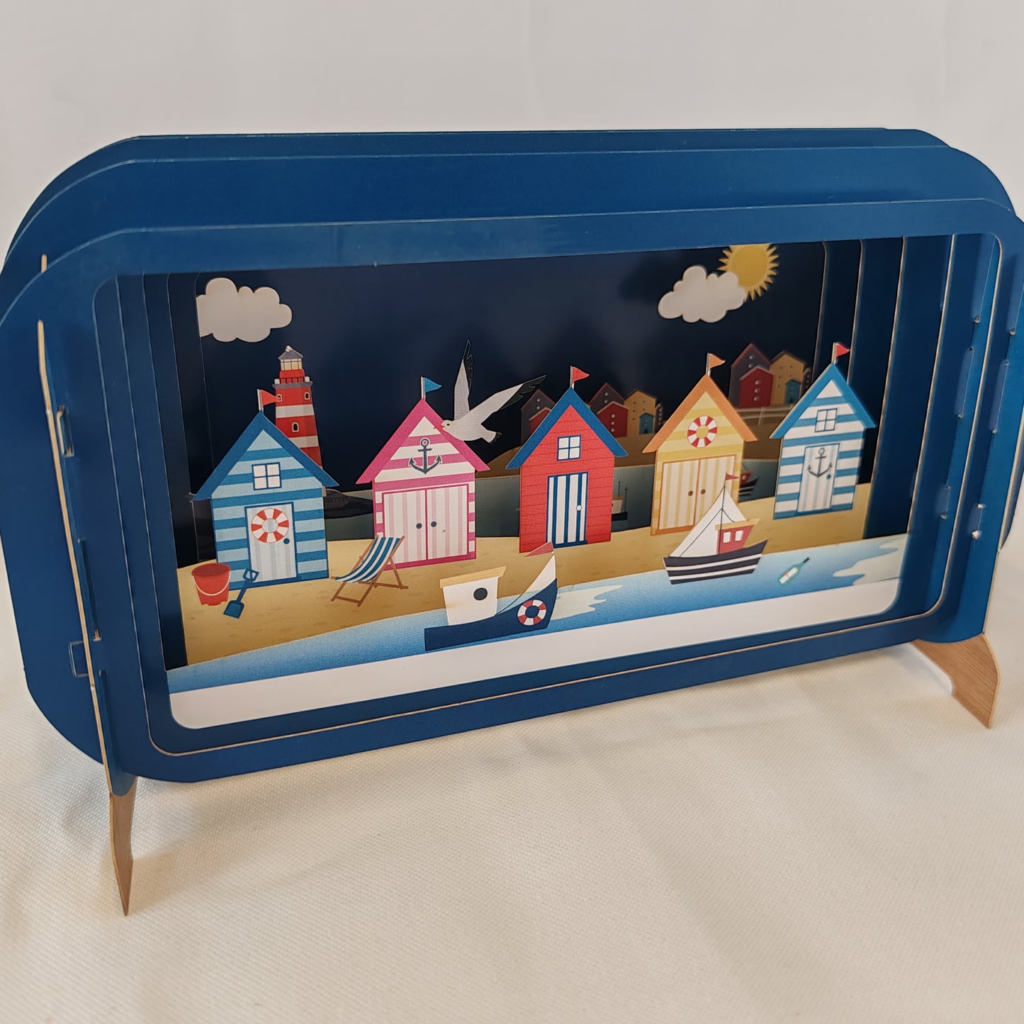 Message in a bottle pop up greeting card with beach hut scene