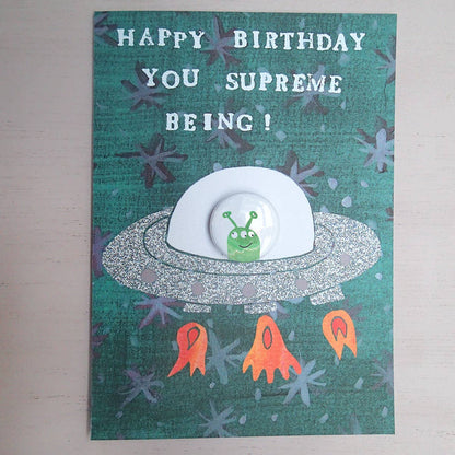 Spaceship Alien Birthday - Greeting card with badge