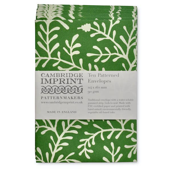 Packet of Ten Patterned Envelopes Sprig Pea Green