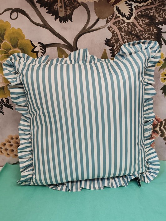 Millie ruffle stripe outdoor cushion duck egg blue
