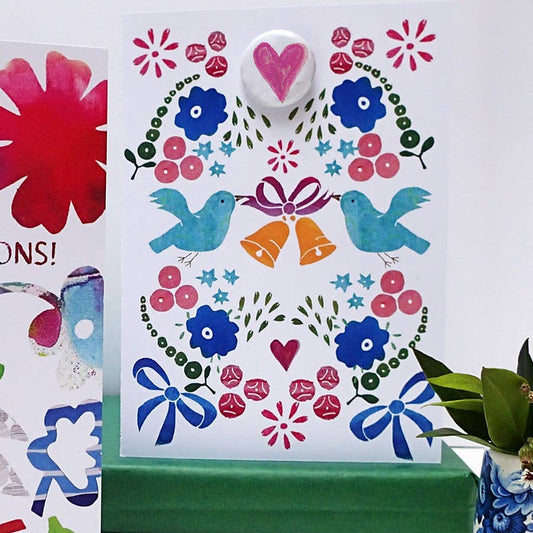 Greeting card with badge - Wedding Bells Birdy