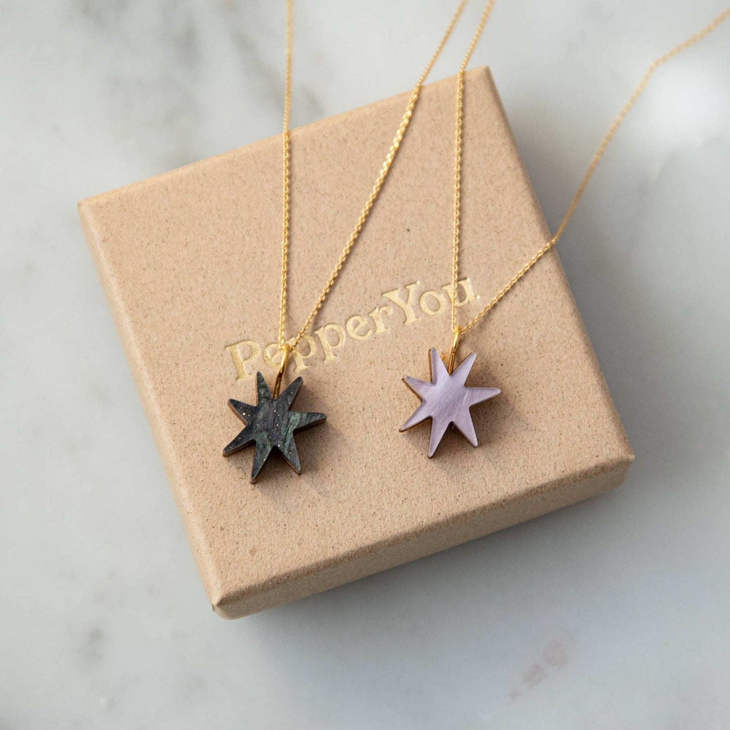 Hand Drawn Star Gold Necklace in Smoke Black Marble