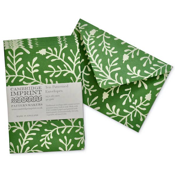 Packet of Ten Patterned Envelopes Sprig Pea Green