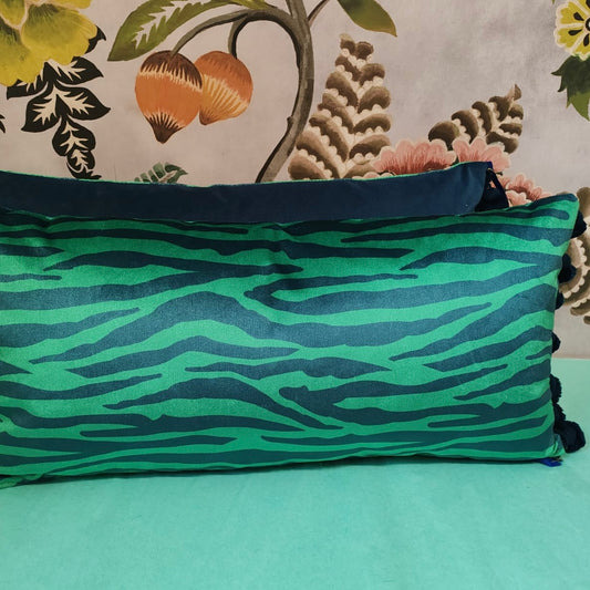 Becca Who zebra print blue green cushion
