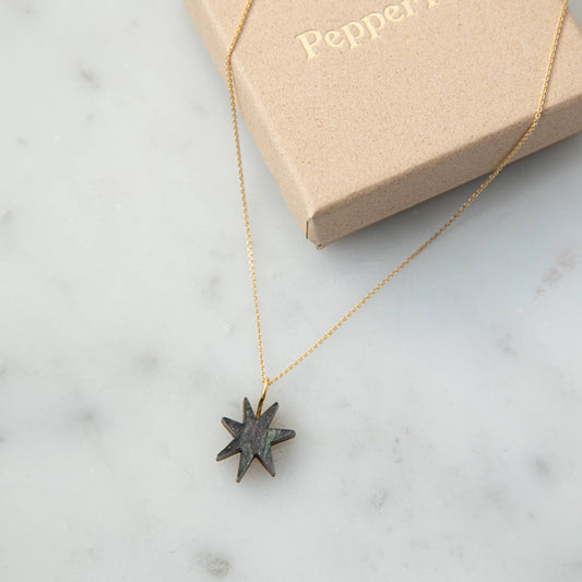 Hand Drawn Star Gold Necklace in Smoke Black Marble