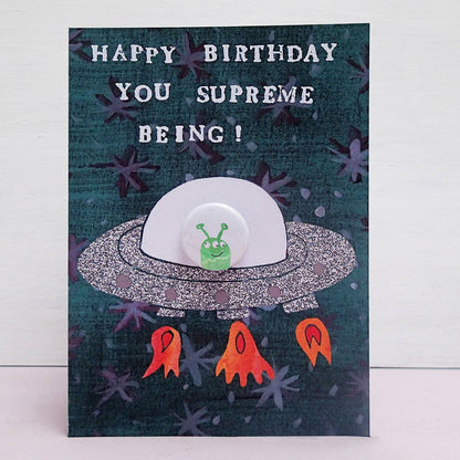 Spaceship Alien Birthday - Greeting card with badge
