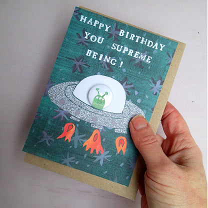 Spaceship Alien Birthday - Greeting card with badge
