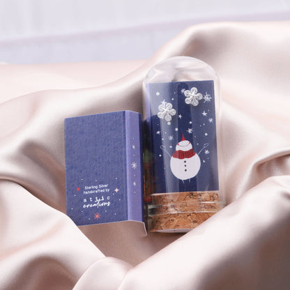 Clear Crystal Snowflake Earrings with snowman graphic