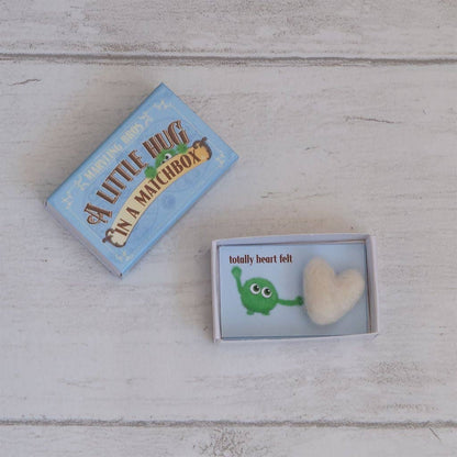 A Blue Little Hug Wool Felt Heart In A Matchbox