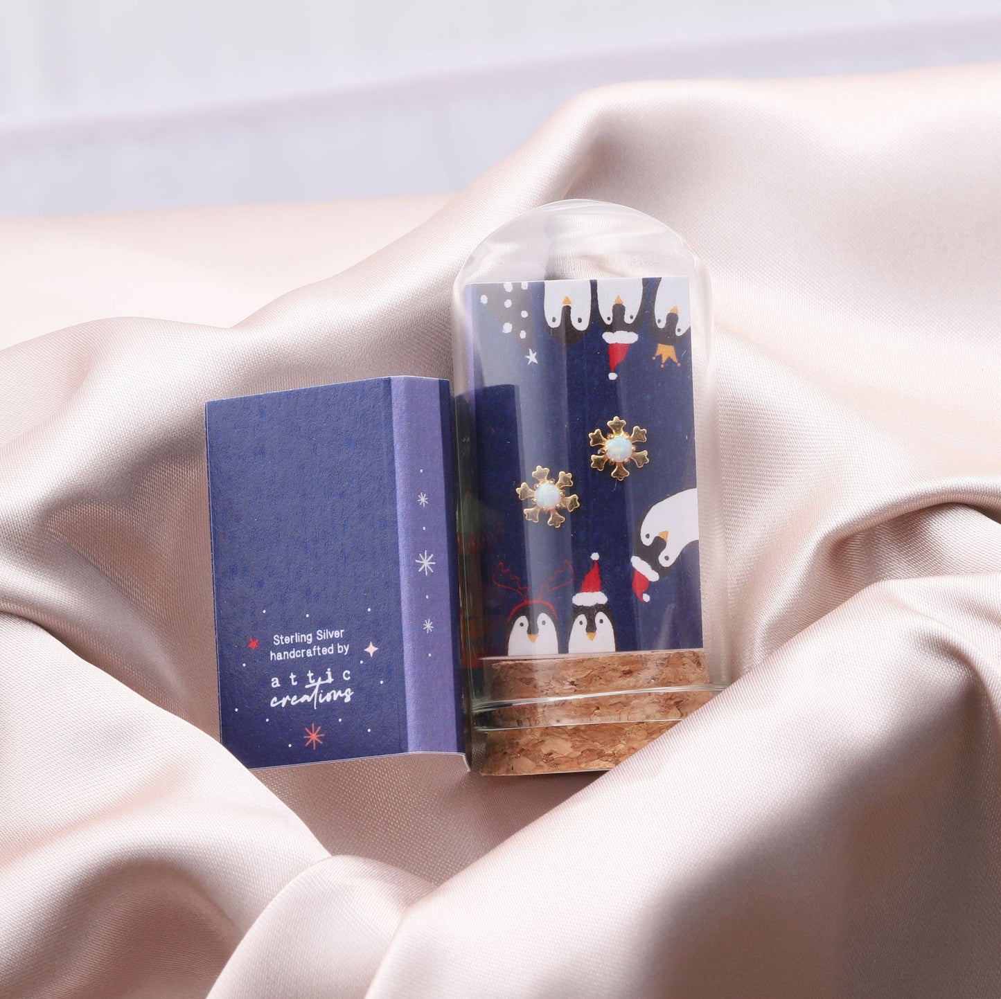 Opal Snowflake Earrings penguin graphic