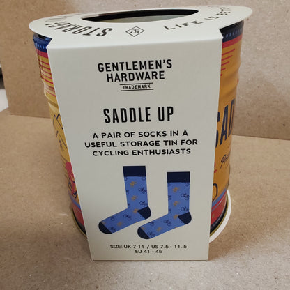 Socks in a tin container bike theme.