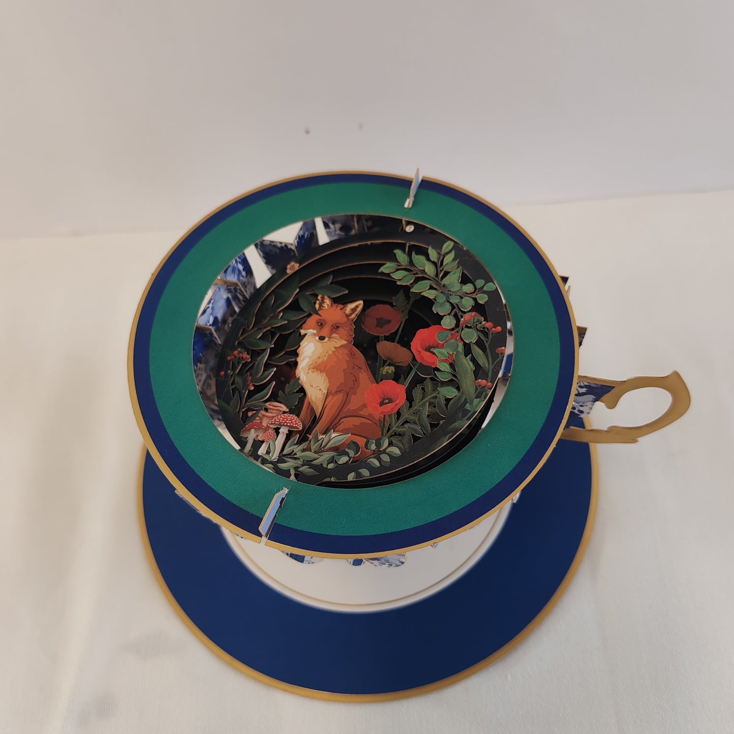 Cup of tea pop up greeting card. Fox theme