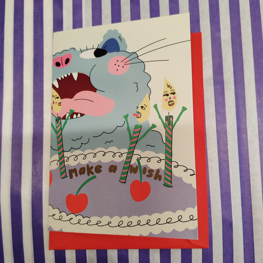 Make a wish cat blowing out candles greeting card
