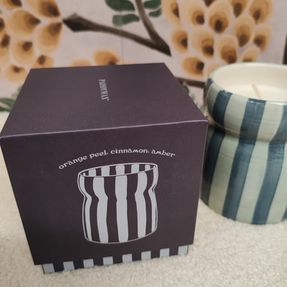 Cabana 6.5oz/184g Blue/Navy Striped Ceramic Candle - Warm Cider