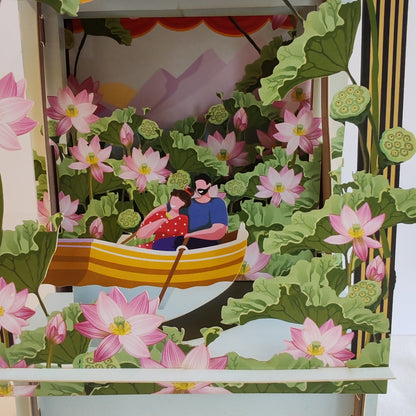 Paper theatre pop up greeting card. Romantic rowing theme