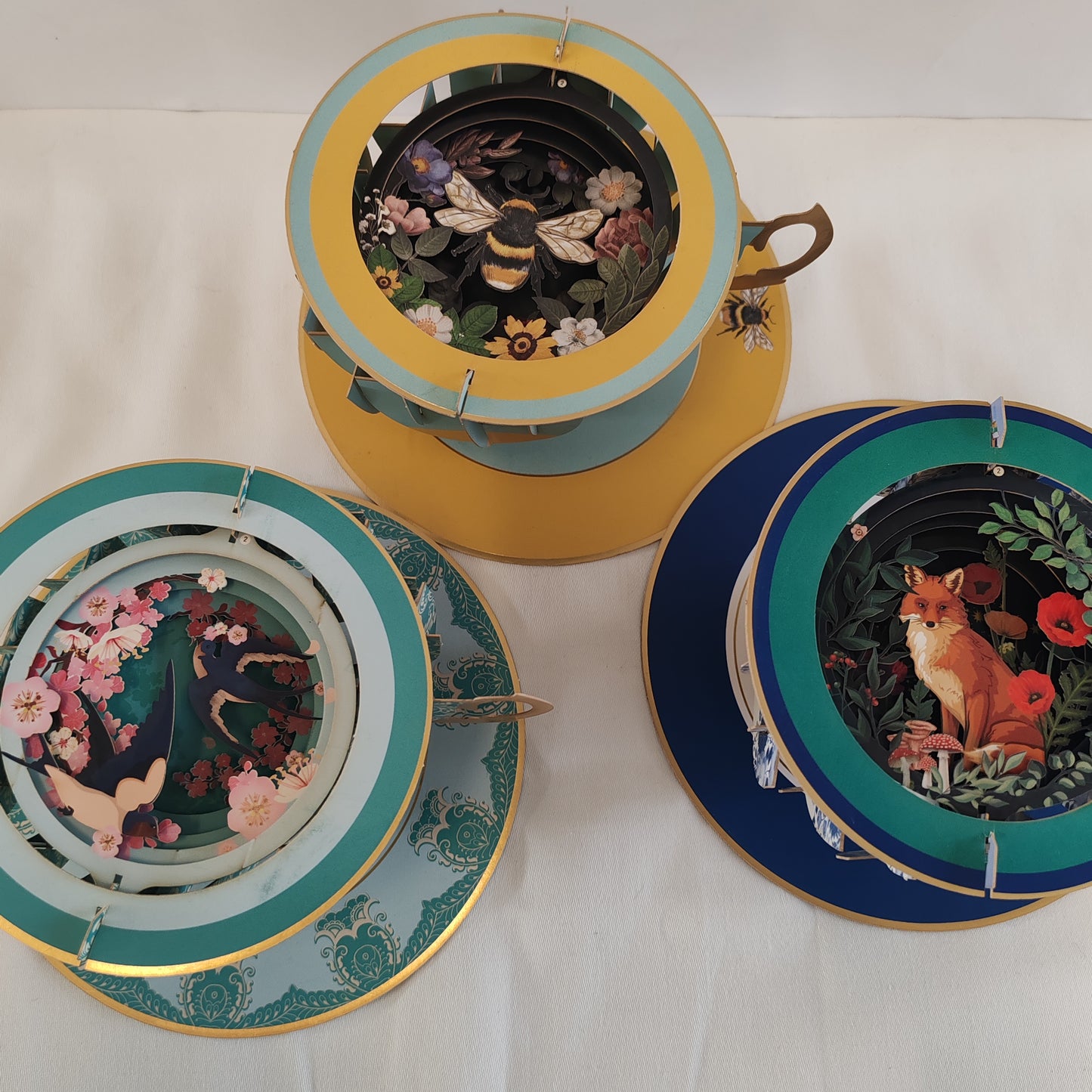 Cup of tea pop up greeting card. Cherry blossom theme.