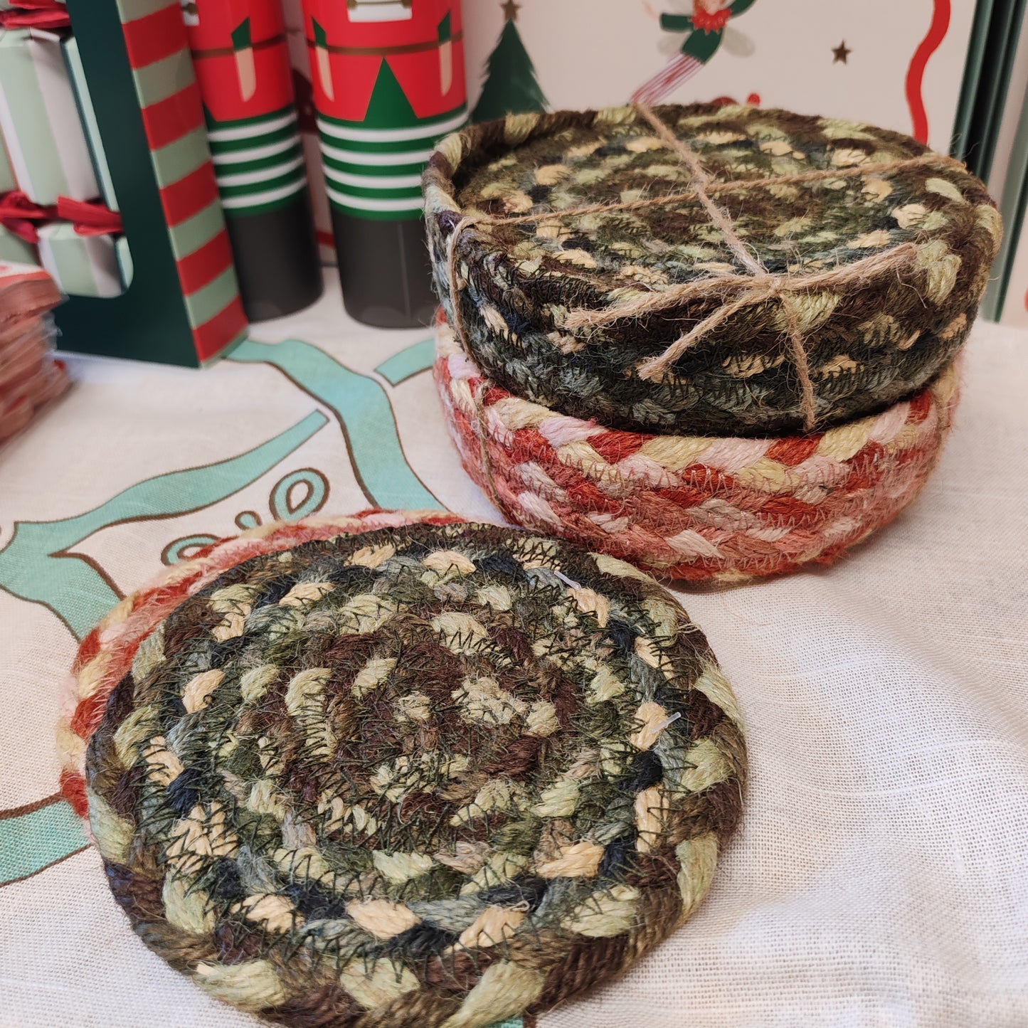 Set of 6 jute coaster colour Hedgerow