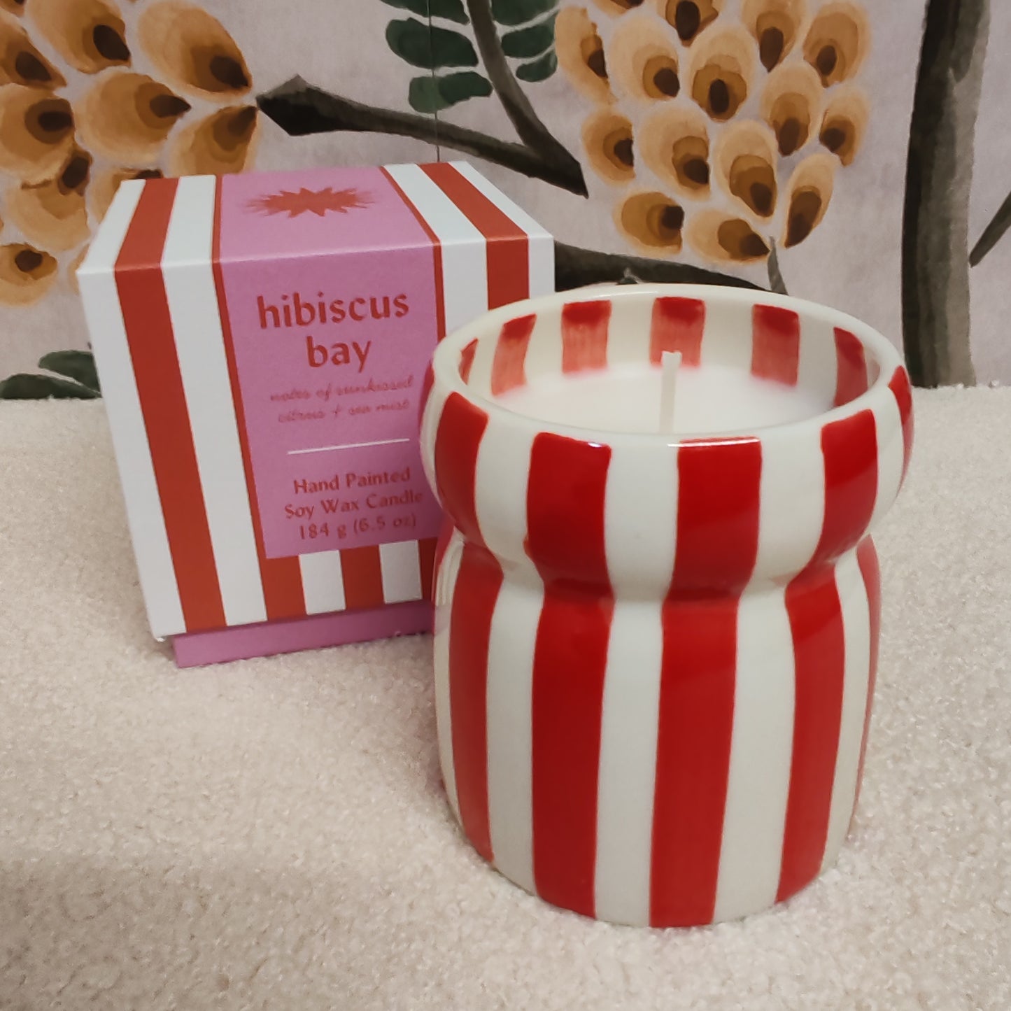 Cabana 6.5oz/184g Red Striped Ceramic Candle - Hibiscus Boxed